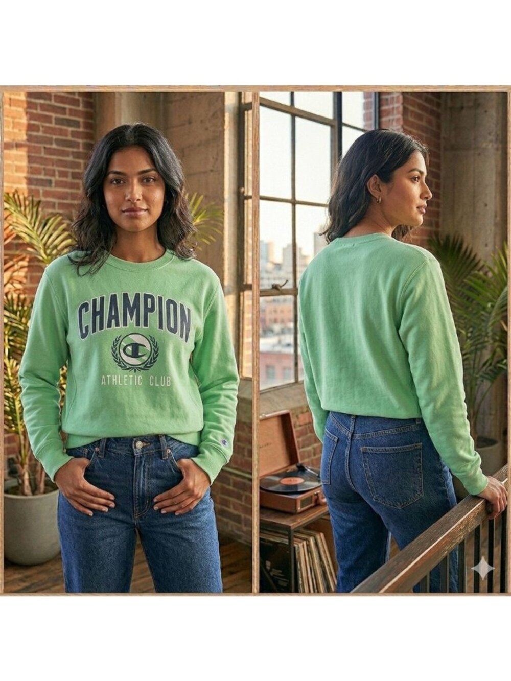 Champion Womens Sweatshirt Small Lime Green  Athletic Club Logo Crewneck Cotton